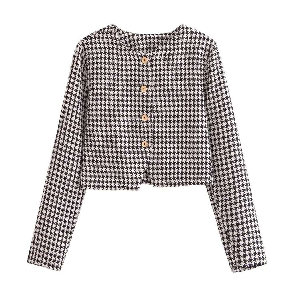 Spring Women's Houndstooth Long-Sleeve Round Neck Commuter Jacket with Casual Temperament Short Skirt Set
