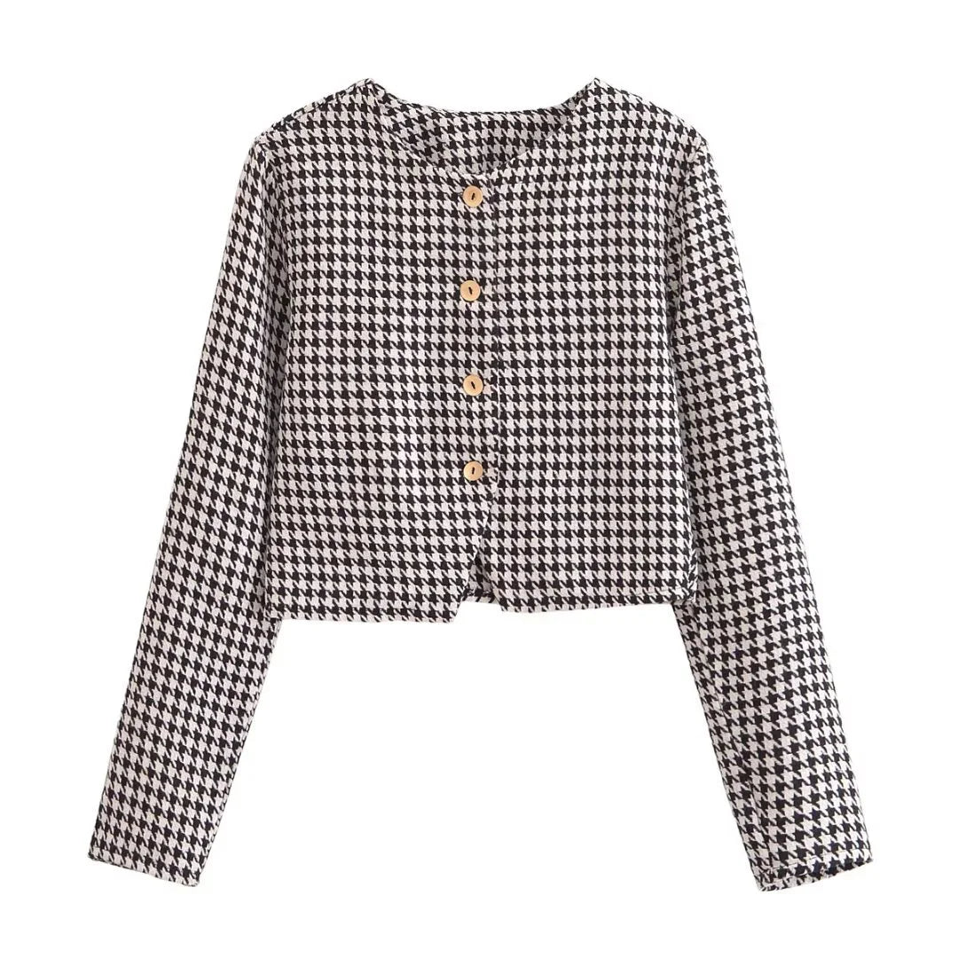 Spring Women's Houndstooth Long-Sleeve Round Neck Commuter Jacket with Casual Temperament Short Skirt Set