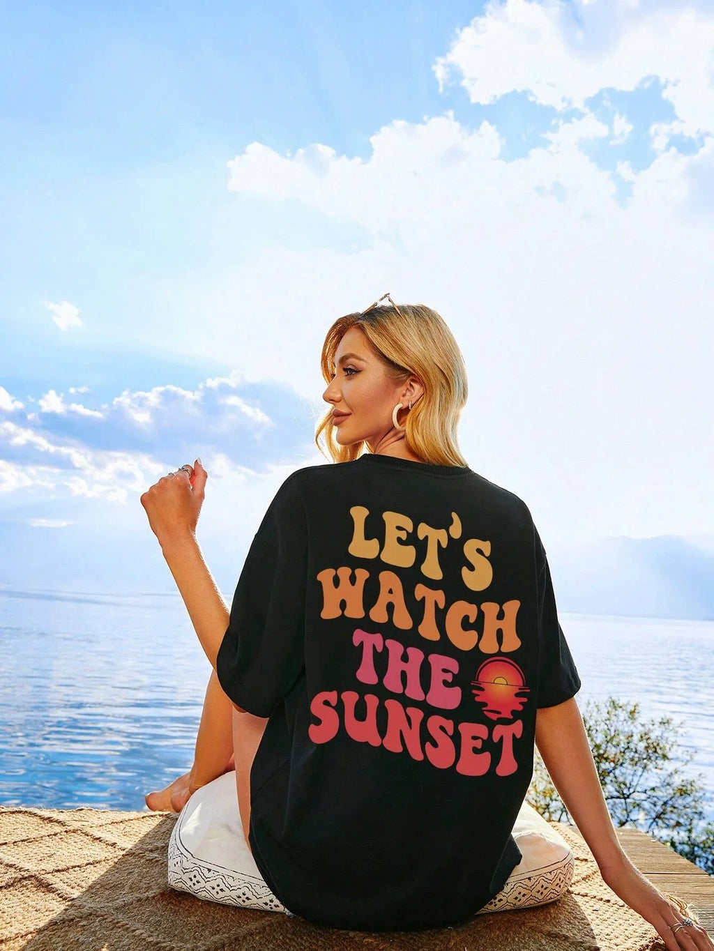 Let Us Watch The Sunset Print Women Cotton T-Shirt Casual Short Sleeve O-Neck Top for Daily Wear