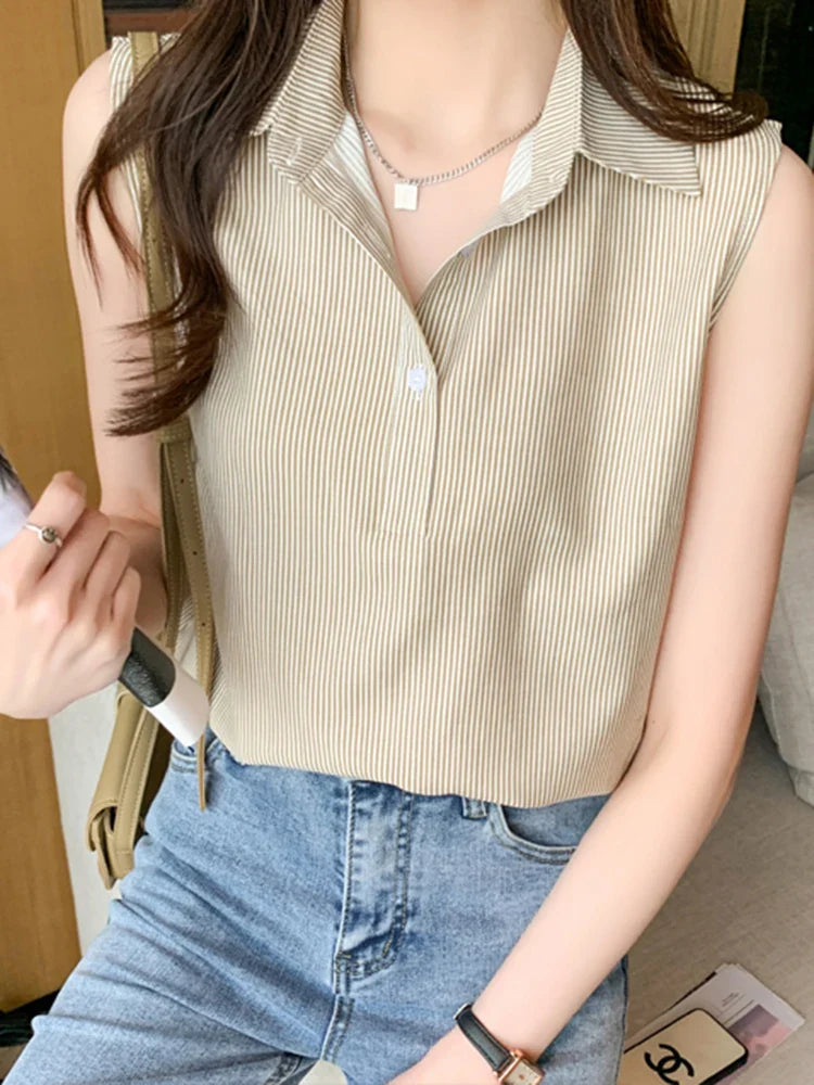 Sleeveless Casual Striped Blouse for Women Lightweight Office Blouse Basic Summer Top with Comfortable Fit
