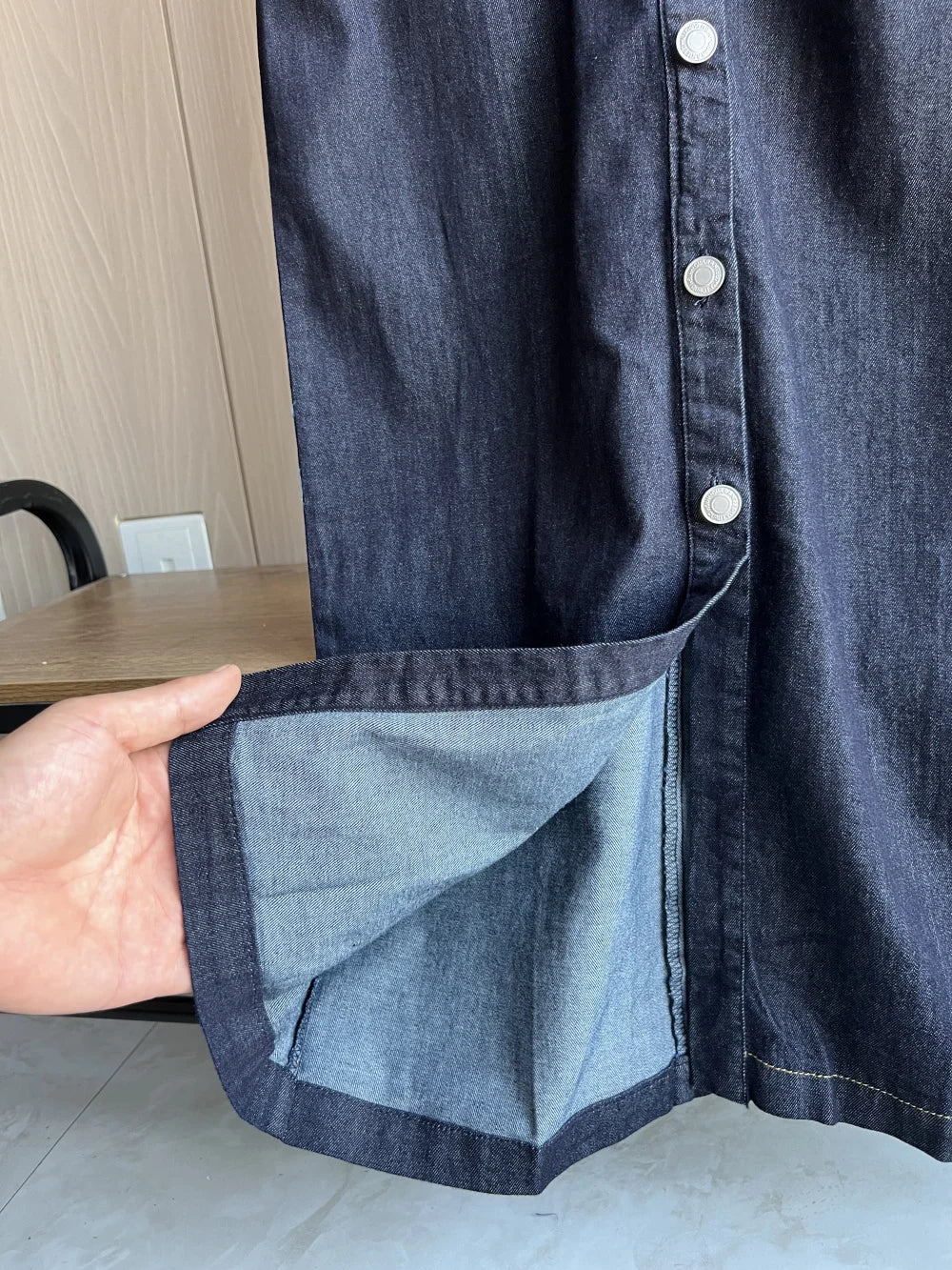 Fitted Denim Midi Shirt Dress With V Neck Long Sleeve