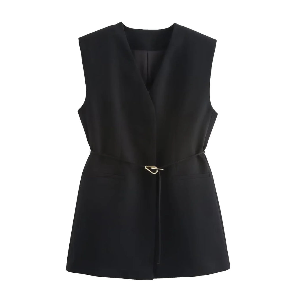 Women's Casual Black Sleeveless Split Design Vest Pants Set with Belt for Autumn Commuting