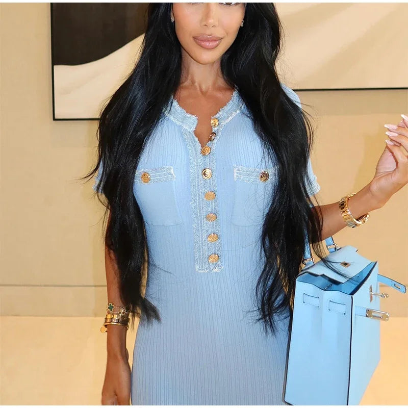 Elegant Denim Patchwork Knitted Long Dress With Pockets