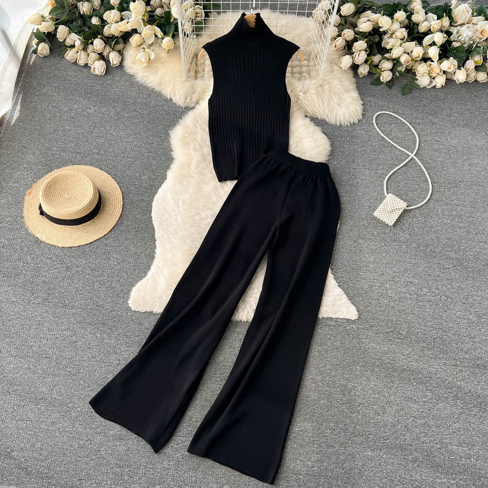 3 Piece Knitted Tracksuit Set for Women Comfy Loungewear with Long Cardigan Coat Turtleneck Vest and Pants