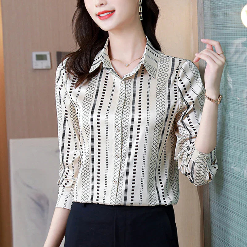 Elegant Satin Women Blouse Long Sleeve Button Up Shirt Vintage Office Lady Print Top