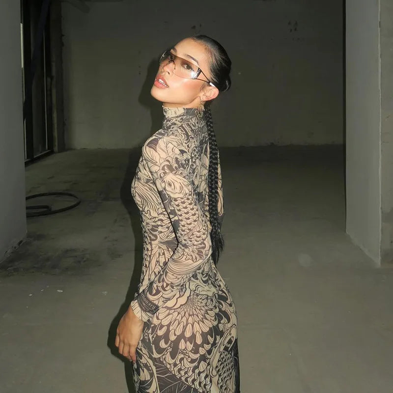 Elegant Long Sleeve Printed Maxi Dress With O Neck