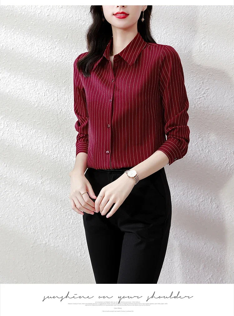 Striped Long Sleeve Women Shirt Button Up Blouse Lightweight Chiffon Tops Elegant Casual Office Wear