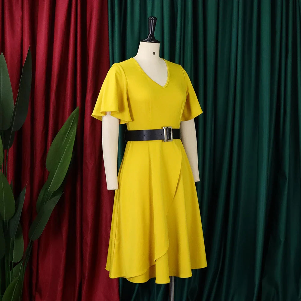 Elegant Womens Belted Round Neck Ruffle Sleeve Midi Dress