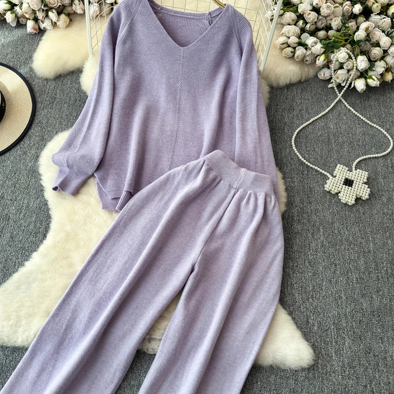Cozy Knitted Two-Piece Women's Tracksuit Set with V-Neck Sweater and Straight Jogging Pants Autumn Winter Lounge Wear