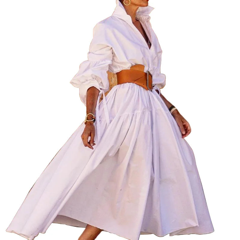 Women Casual Front Button Shirt Dress With Belt Longsleeve