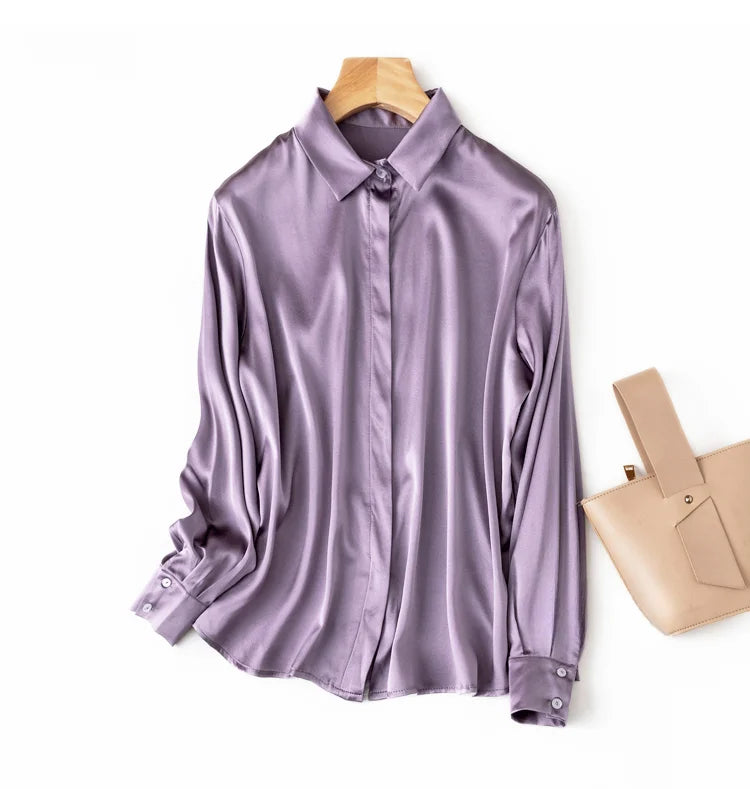 Women Satin Silk Shirt 93% Mulberry Silk 7% Spandex 19 Momme Classic Long Sleeve Blouse Solid Color Office Top for Women M L XL XXL