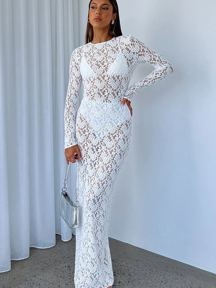 Floral Print Sheer Maxi Dress Long Sleeve Bodycon Evening