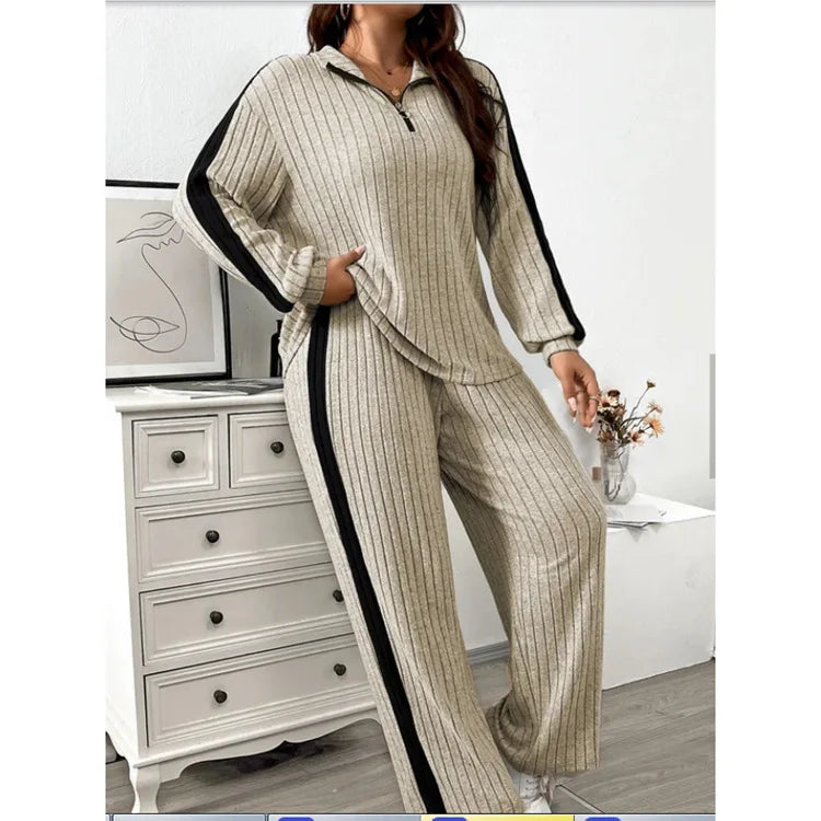 Women Loose Knit Sweater and Wide Leg Pants Two Piece Set with Stripe Color V Neck Design for Autumn and Winter Homewear