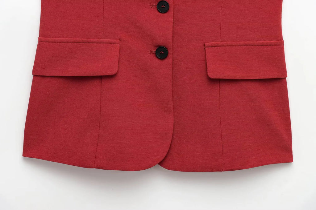 Elegant Red Pant Suit for Women with Front Button Decoration and Strapless Sexy Tank Tops, Wide Leg Trouser Fashion Streetwear