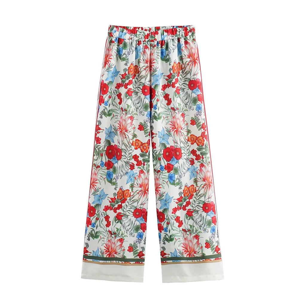 Women's Bohemian Casual Trousers Set with Long Sleeve Shirt and High Waisted Wide Leg Pants