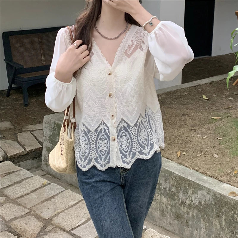 Lace Crochet Women's Blouse with V-Neck Patchwork Long Sleeve Single Breasted Shirt for Spring and Summer