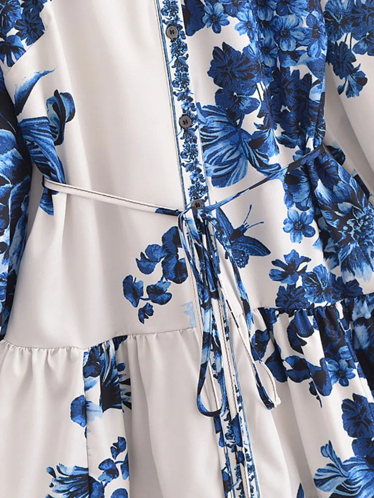 Womens Vintage Print Mini Dress With Bow Sash Long Sleeve