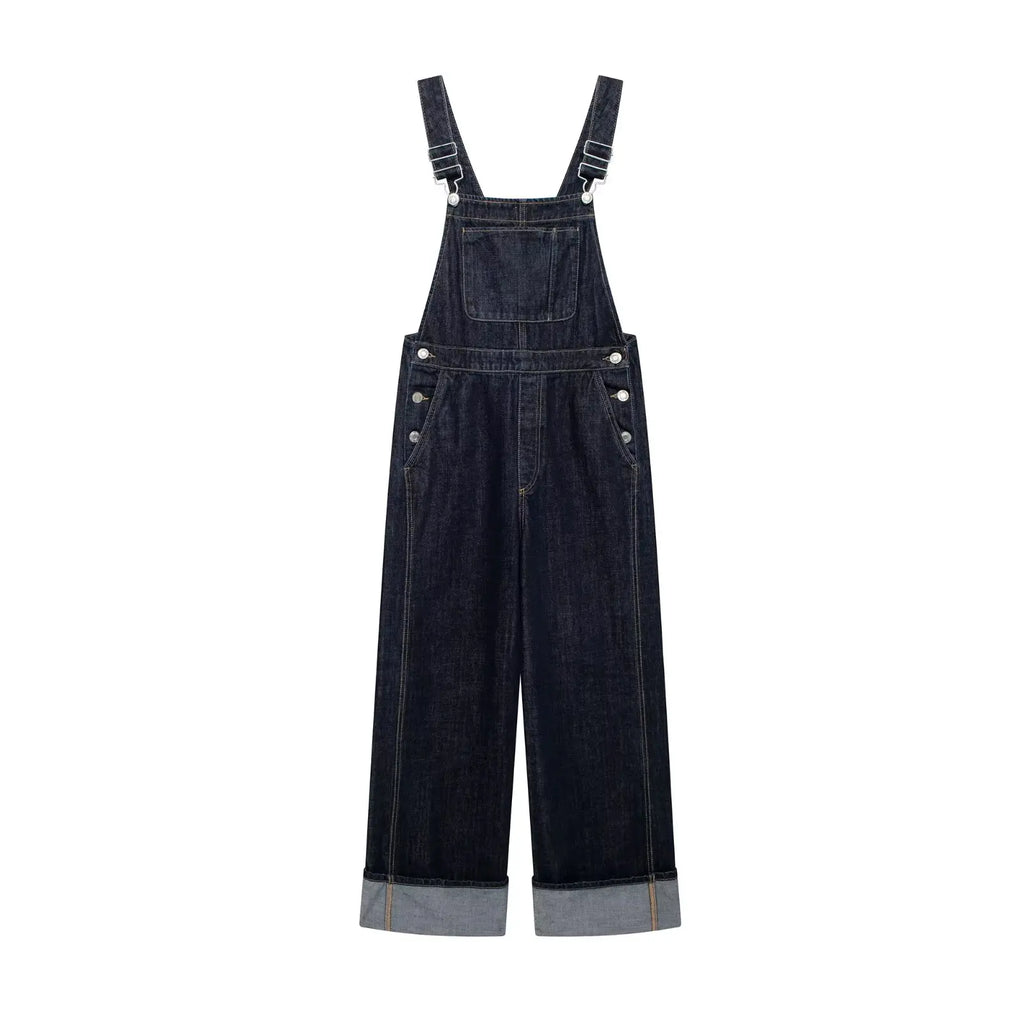 Chic French-Inspired Long Denim Overalls for Women Simple Versatile Age-Defying Autumn Outfit