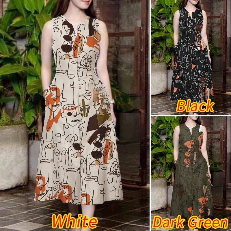 V Neck Sleeveless A Line Printed Sundress For Summer