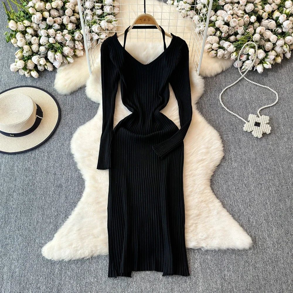 White Long Sleeve V Neck Lace Up Elegant Dress For Women