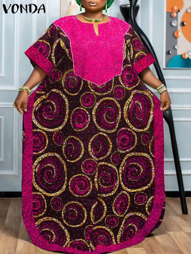 Bohemian Maxi Dress With Printed V Neck Bat Sleeve Casual