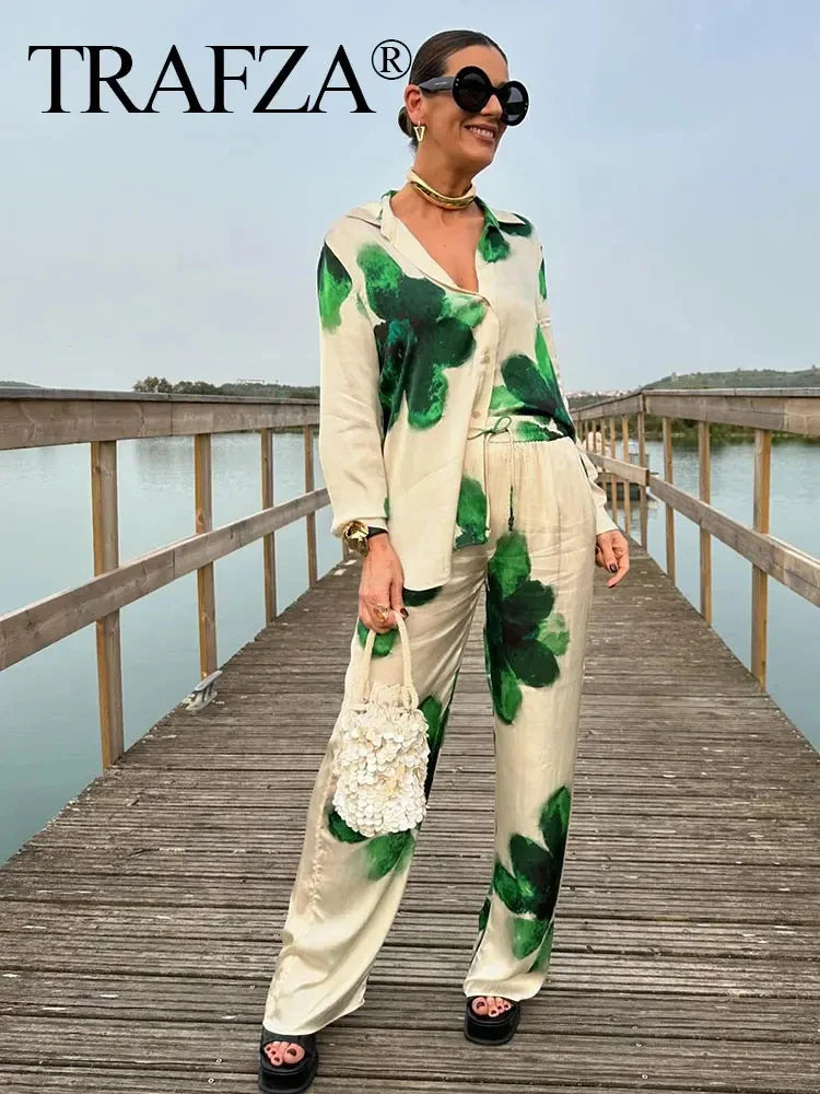 Elegant Floral Print 2 Piece Women's Suit with Long Sleeve Lapel Blouse and Drawstring Wide Leg Pants Casual Outfit