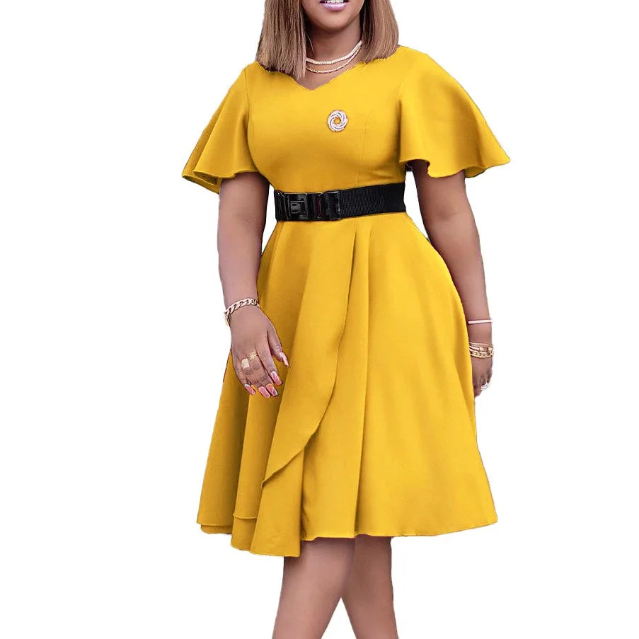 Elegant Womens Belted Round Neck Ruffle Sleeve Midi Dress