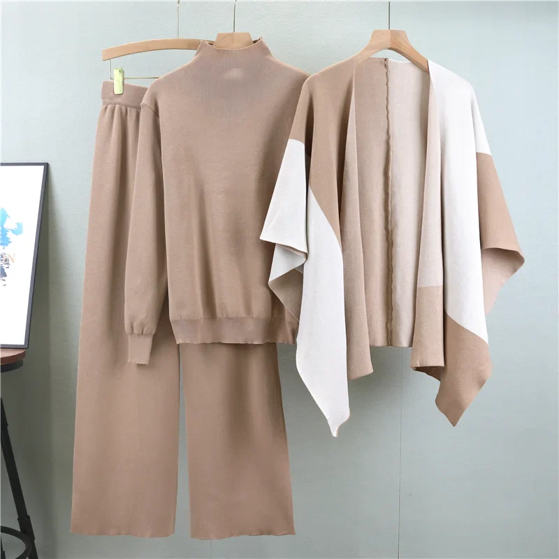 Elegant Knitted Three-Piece Suit for Women - Cozy Autumn Winter Knit Top with Wide Leg Pants and Stylish Shawl Set