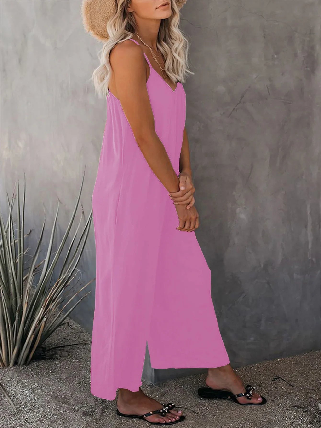 Women's Summer Strap Jumpsuit with Solid Color Design and Convenient Side Pockets Casual Lightweight Romper