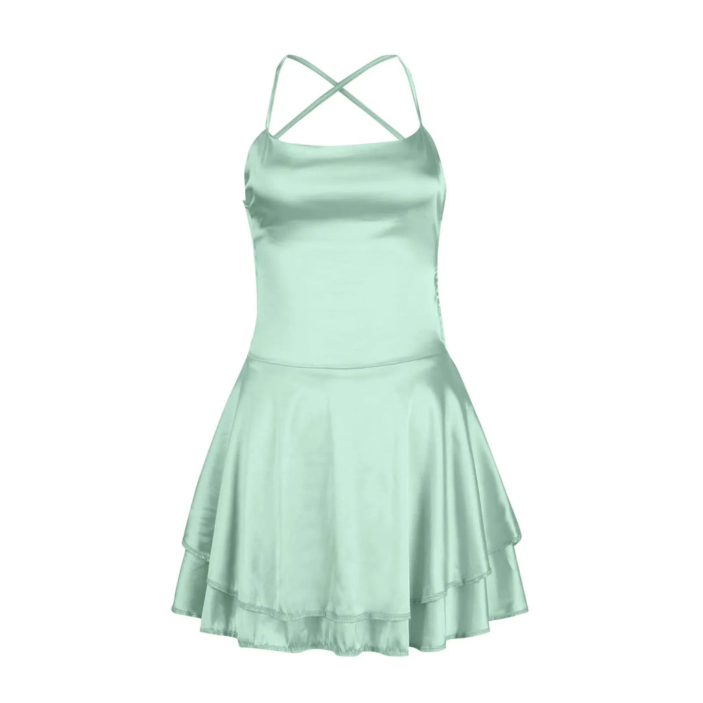 Backless Satin Party Dress With Cowl Neck Spaghetti Straps