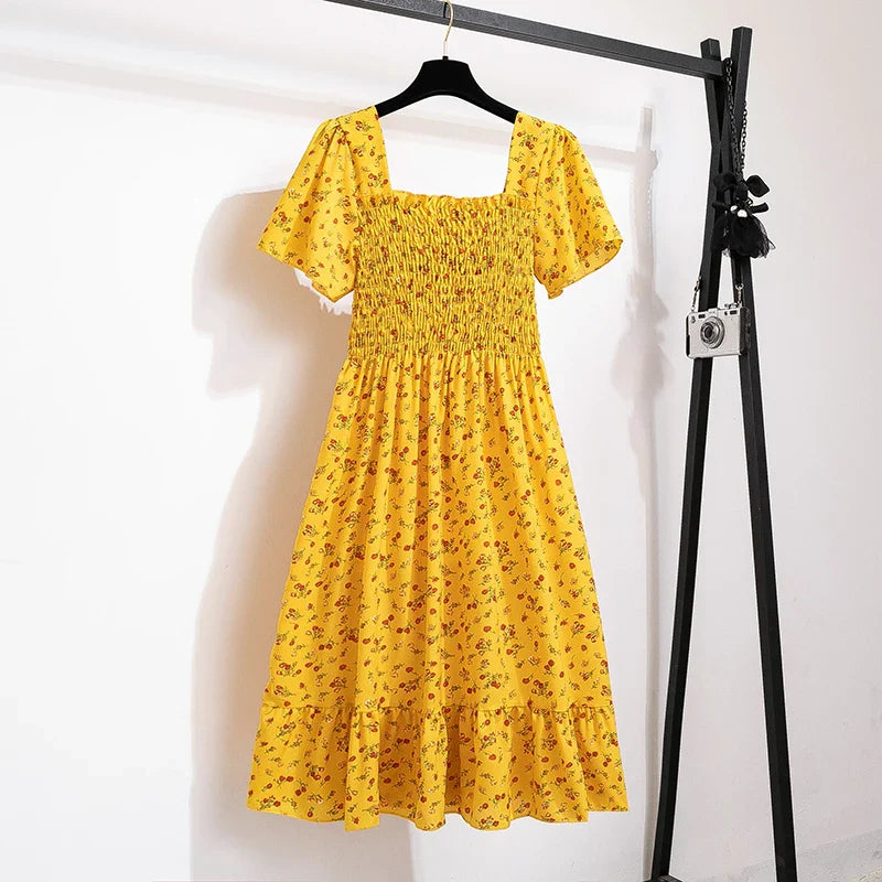 Floral Chiffon Midi Dress Printed For Women Short Sleeve