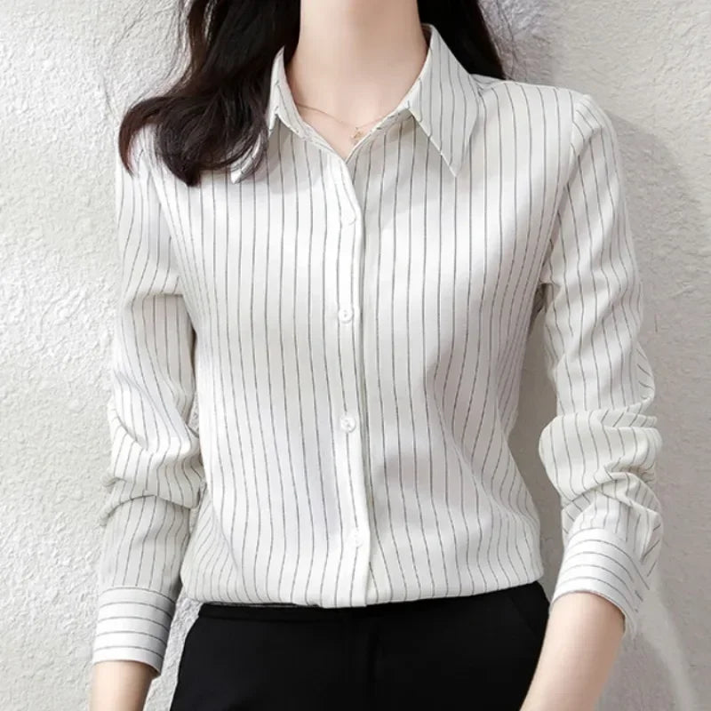 Striped Long Sleeve Women Shirt Button Up Blouse Lightweight Chiffon Tops Elegant Casual Office Wear