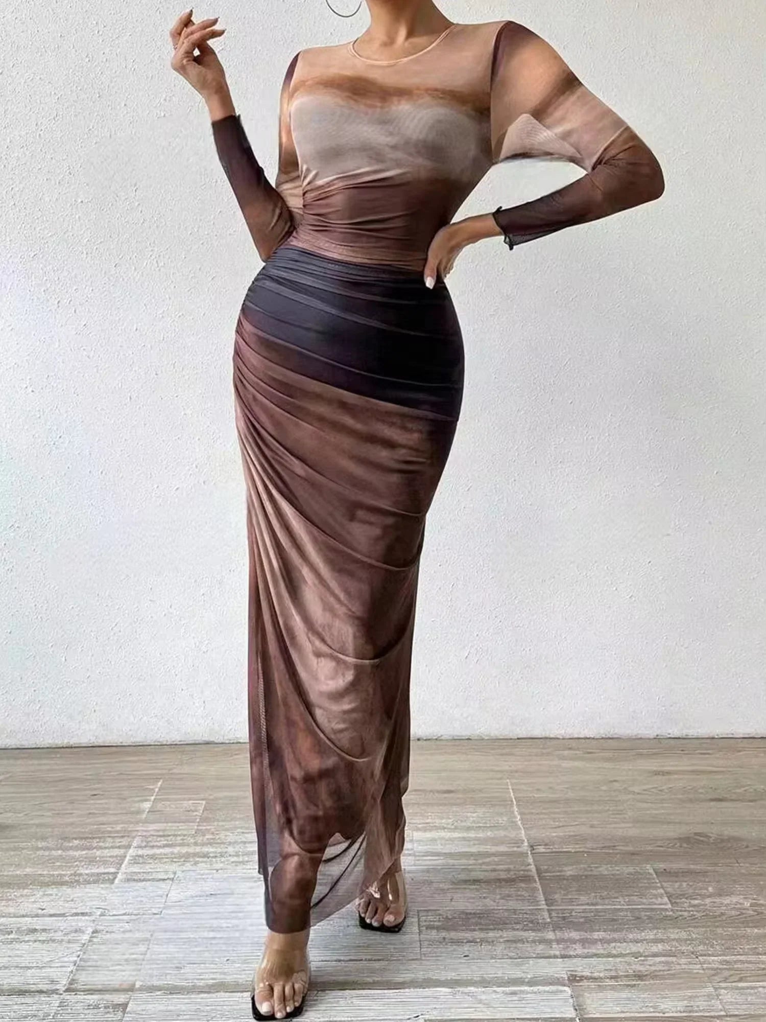 Elegant Mesh Print Midi Dress Slim Fit For Party Wear