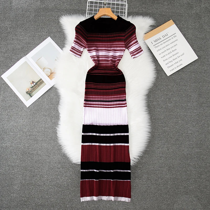 Wrap Bodycon Dress Women Knitted Striped Long Summer Dress