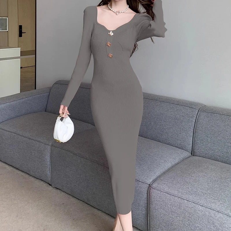 Elegant V Neck Knitted Bodycon Wrap Dress For Women Midi