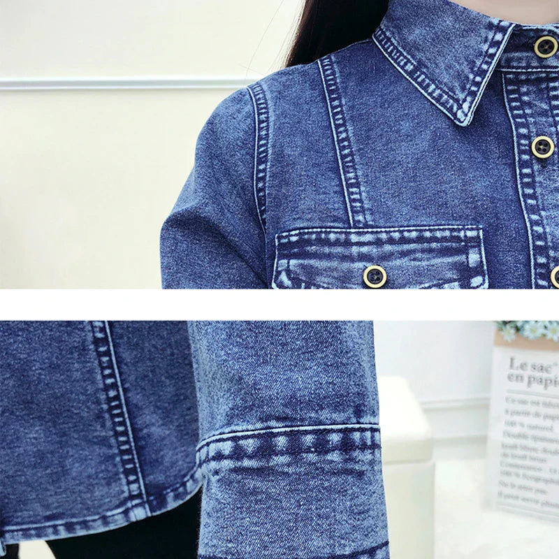 Women's High Quality Denim Shirt Long Sleeve Single Button Blouse with Pockets Casual Korean Style Autumn Winter Top
