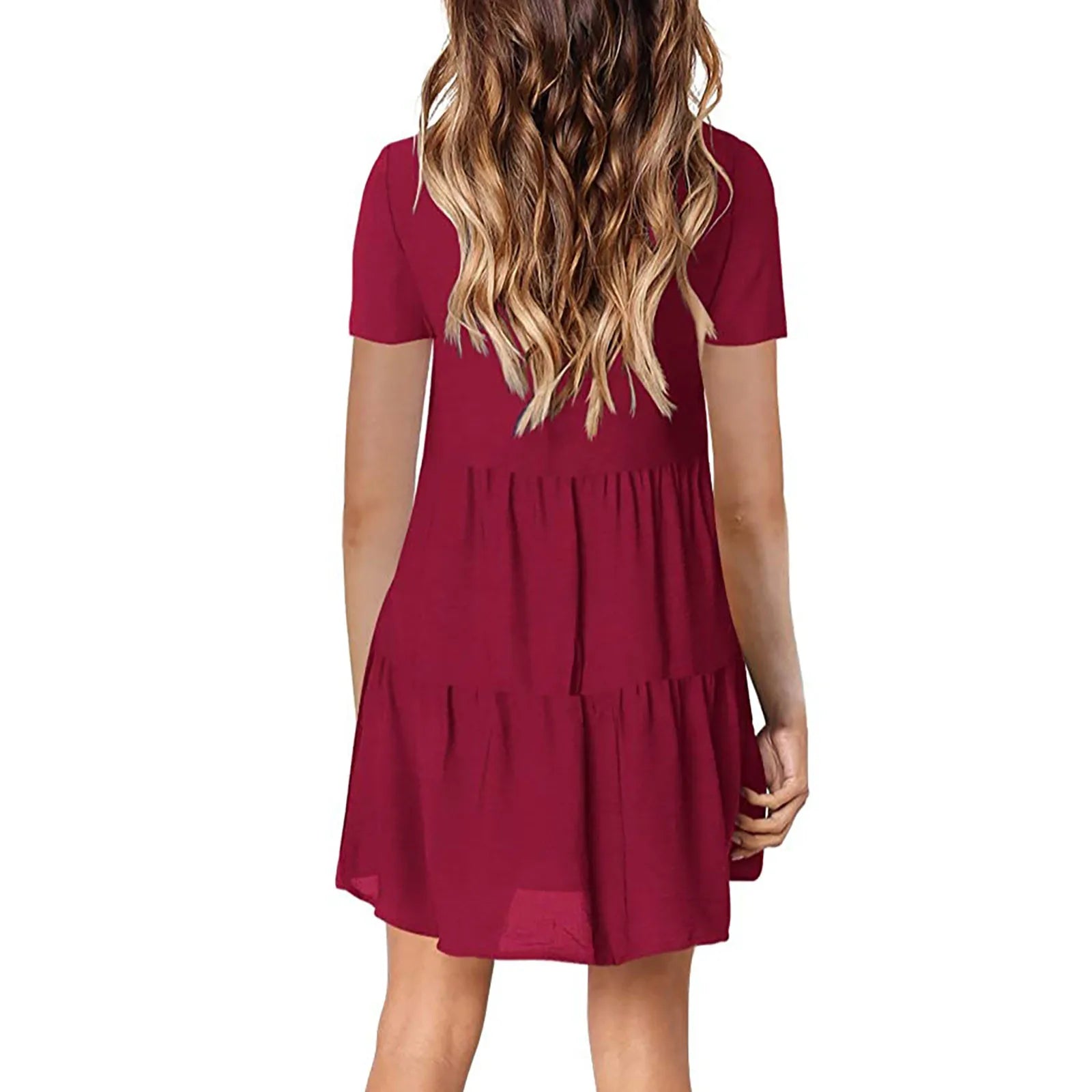 Womens V Neck Short Sleeve Loose Fit Dress Solid Color