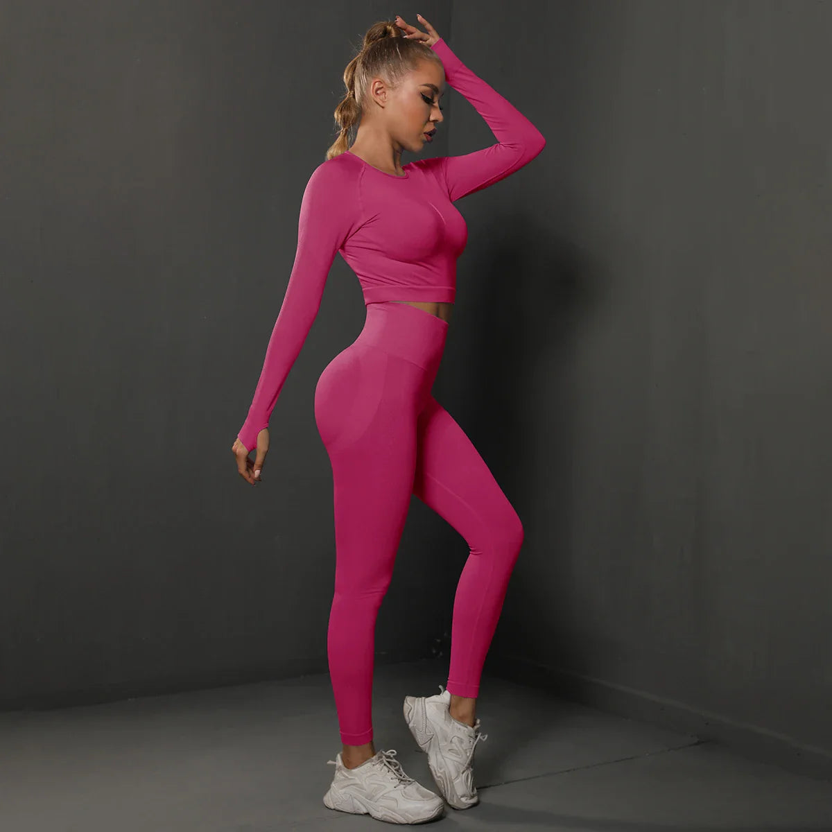 2Pcs Women Seamless Energy Gym Set Bubble Butt Sports Leggings and Long Sleeve Push Up Running Tracksuit Tights Activewear Set