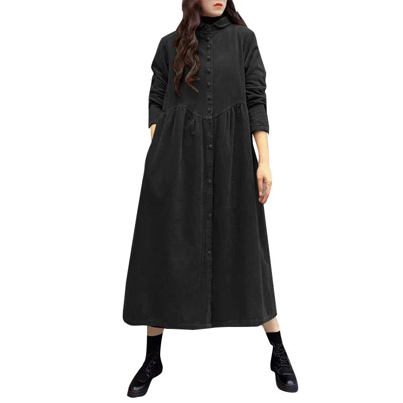 Women Autumn Corduroy Dress With Button Front And Pockets