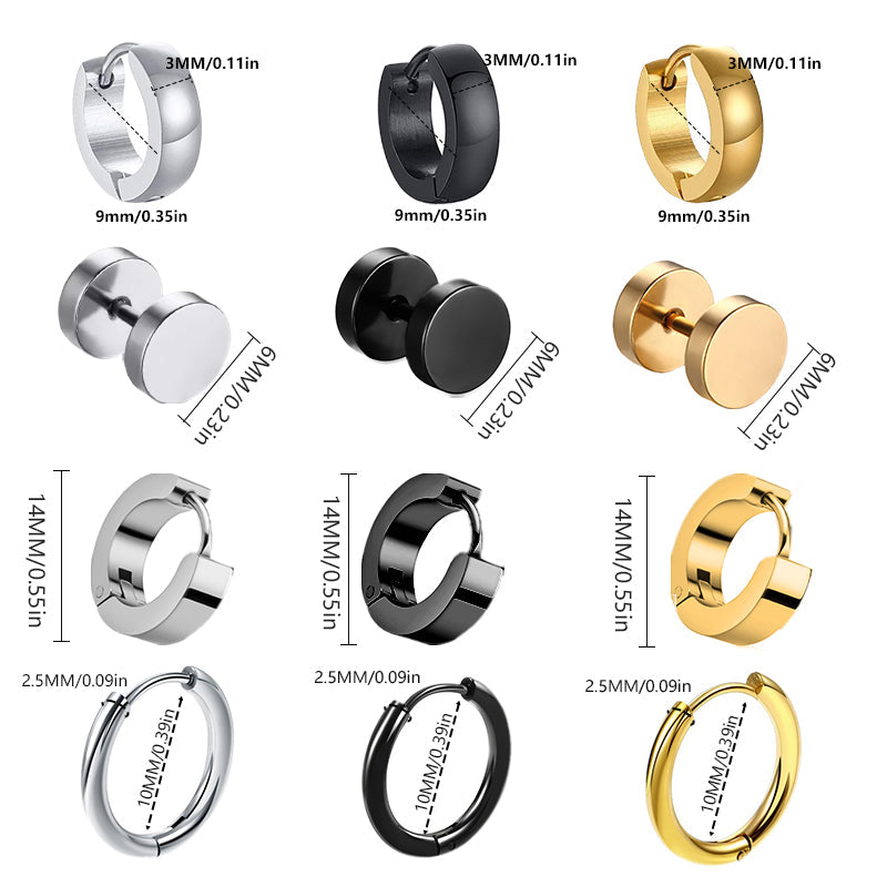 Unisex Black and Gold Stainless Steel Earrings for Punk Gothic Style Piercing Jewelry