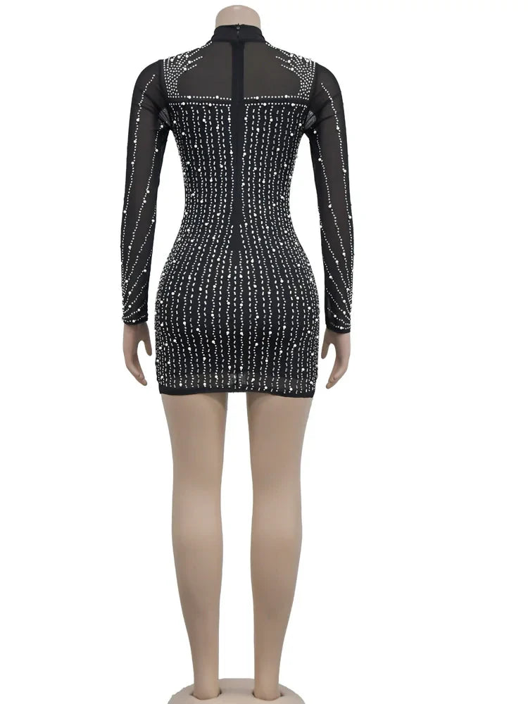 Rhinestone Mesh Mini Dress Fringe Crystal Party Dress