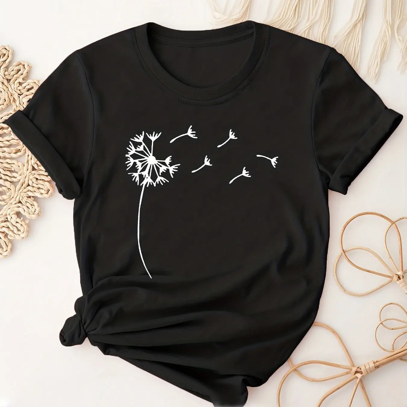 Dandelion Print Casual Crew Neck T-Shirt for Women, Short Sleeve Spring and Summer Top