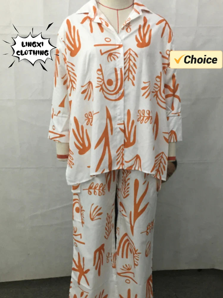 Summer Fashion Printed Women's Two Piece Set with Flip Collar Top and Wide Leg Pants