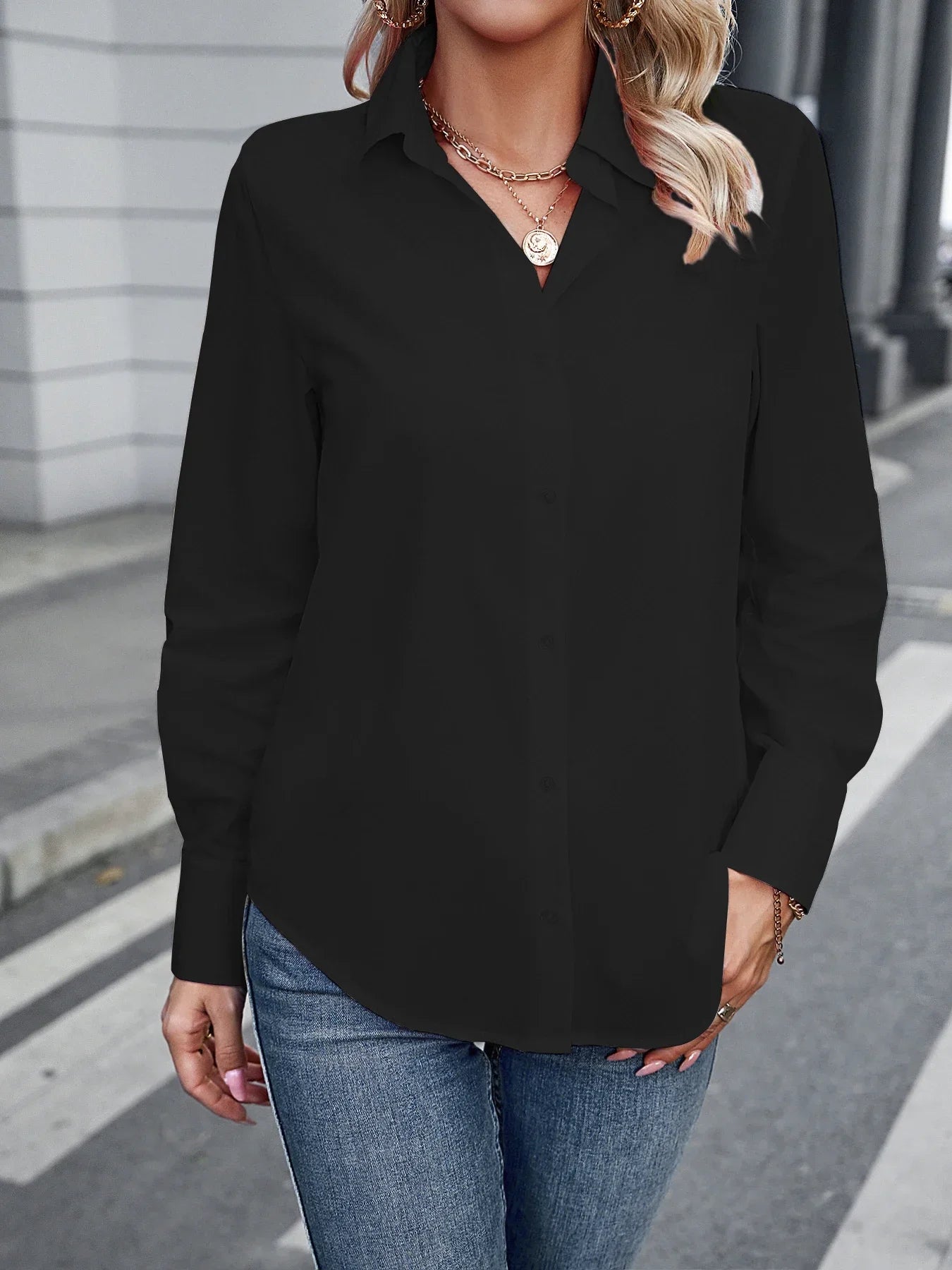 Classic White Long Sleeve Button-Up Shirt for Women Formal Collar Business Casual Work Top