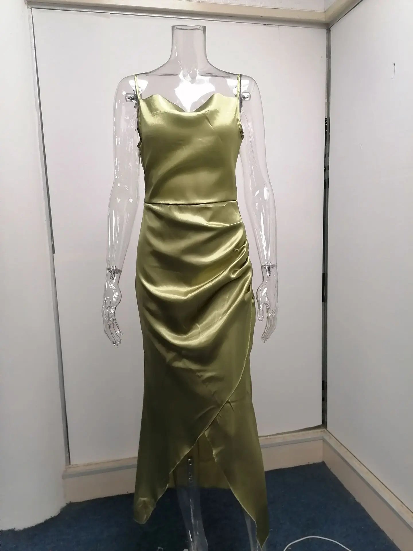 Elegant Satin Strap Dress With Back Split For Spring