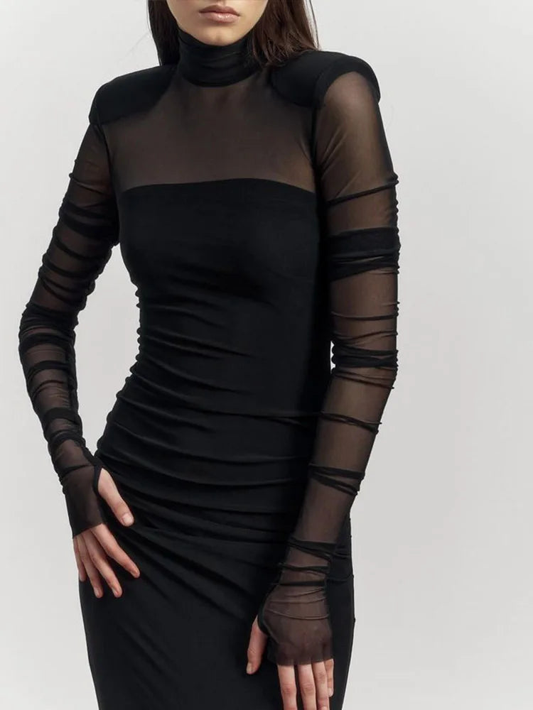 Mesh Patchwork See Through Dress For Women Turtle Neck