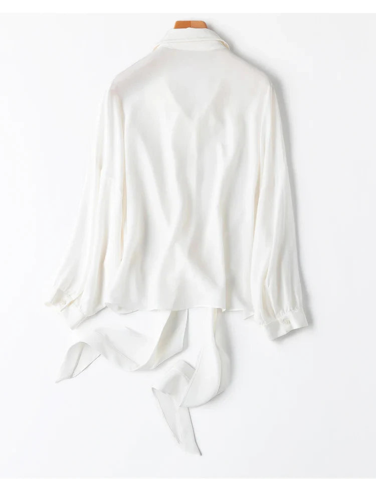 Women 100 Percent Mulberry Crepe Silk White Blouse Lantern Sleeves Bow-Tie Hem Loose Fit Office Top