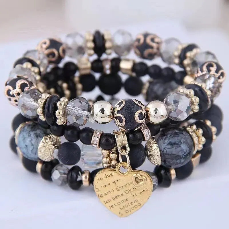 4 Pieces Boho Crystal Bead Bracelets Set for Women Elastic Bangles Heart Letter Wristband Yoga Jewelry Gifts