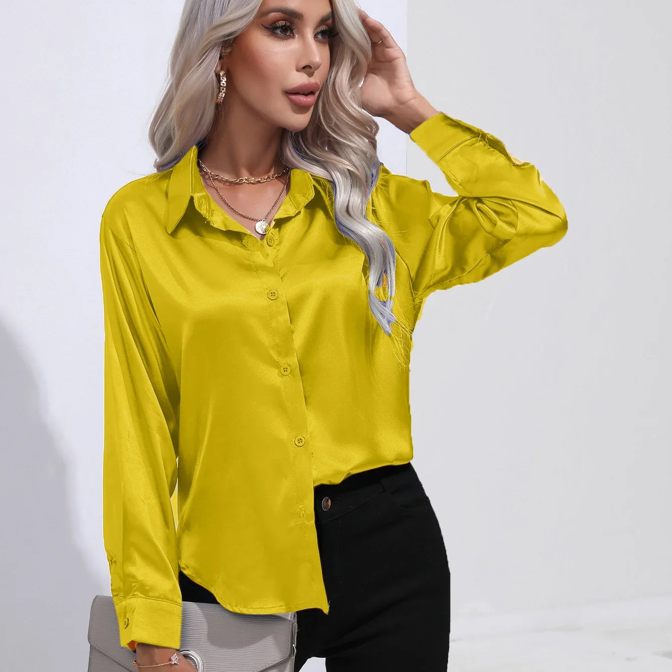 Elegant Autumn Satin Blouse for Women Multicolor Slim Fit Solid Vintage Style Transparent Button Shirt Perfect for Casual and Party Wear