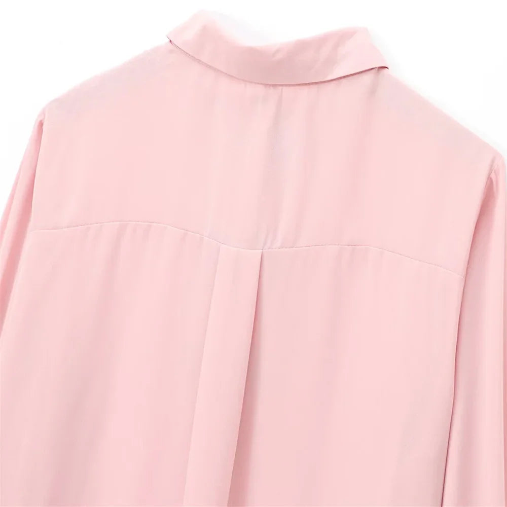 Velvet Bow Accent Single Breasted Flip Collar Long Sleeve Casual Shirt for Women